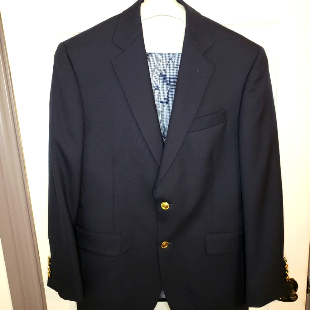 Navy blue Stafford men's blazer with gold buttons